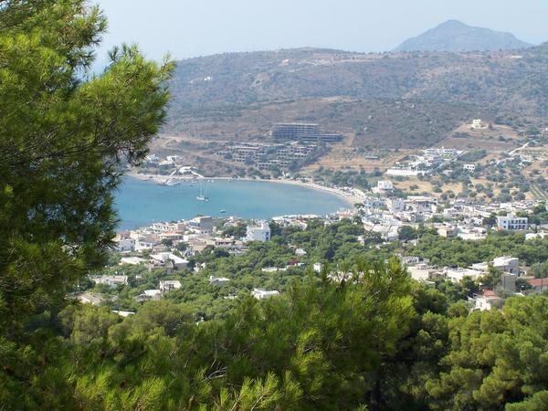 View of the town Agia Marina from the hike to the temple