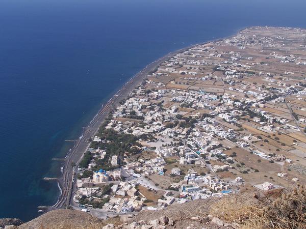 Looking down on Perissa Beach on the other side of the mountain