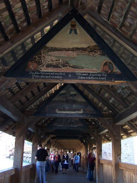 Heinrich Wagmann's wooden paintings in the roof peak of the bridge