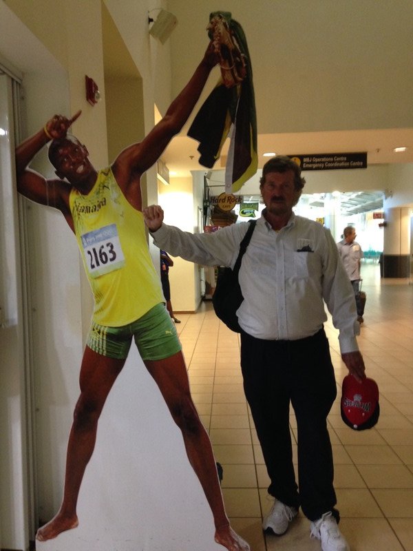 Ron makes friends with Usain Bolt in the Montego Bay Airport.