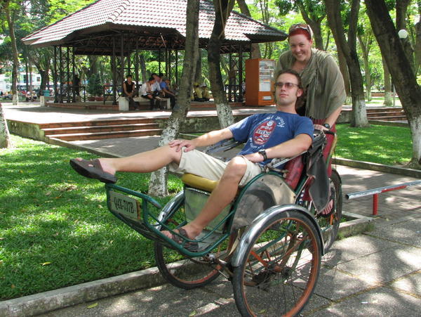 Mandy wheels Griff in a Vietnamese rickshaw
