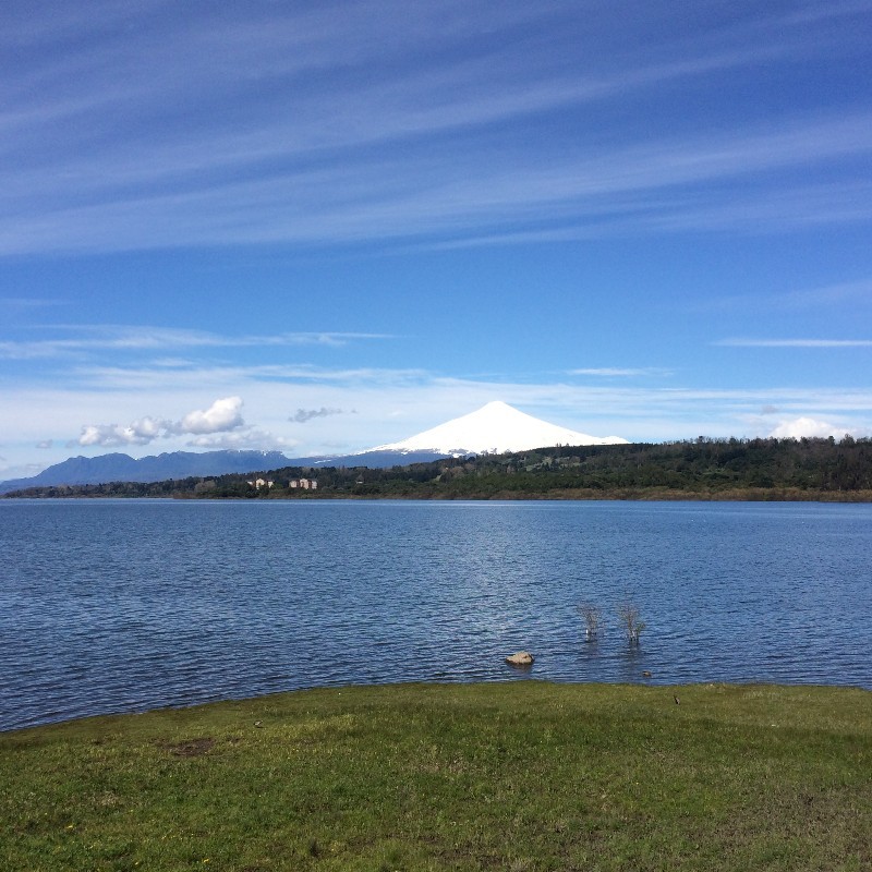 Villarrica lake with volcano in the back