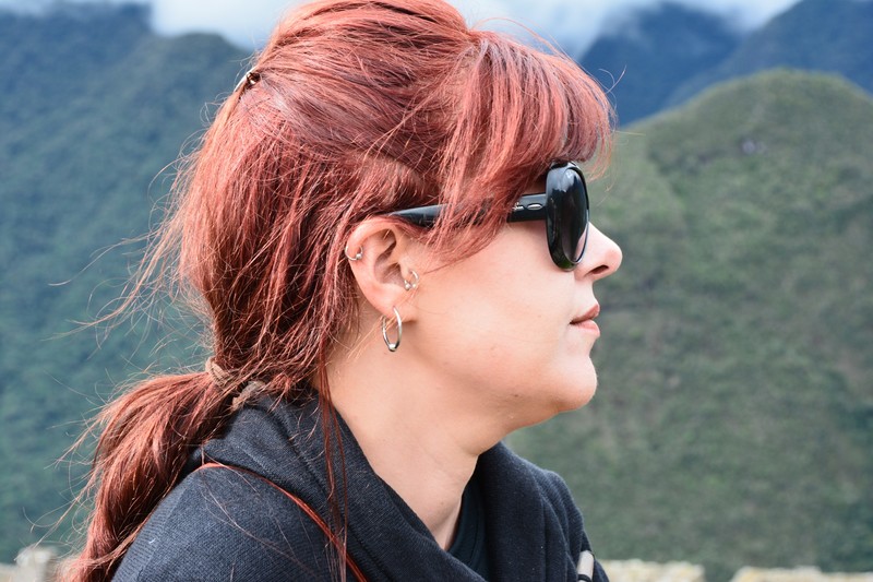Carla thinking at Machu Picchu