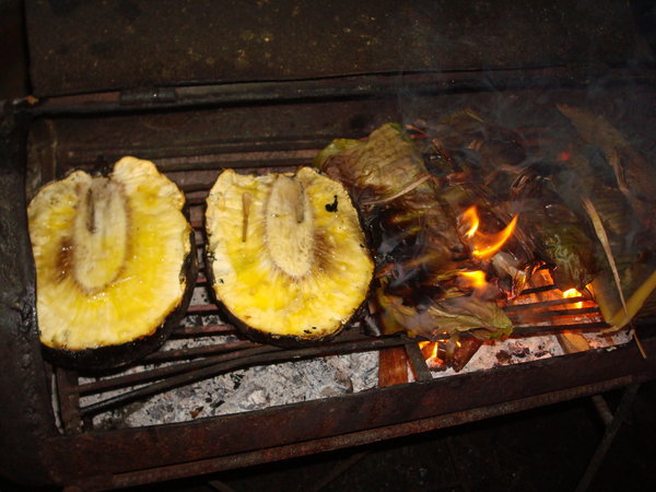 Roasted Breadfruit and Plantain leaf-wrapped snapper!!!!