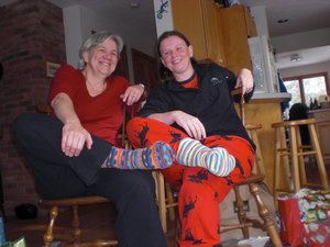 Rhian and mom showing off their socks