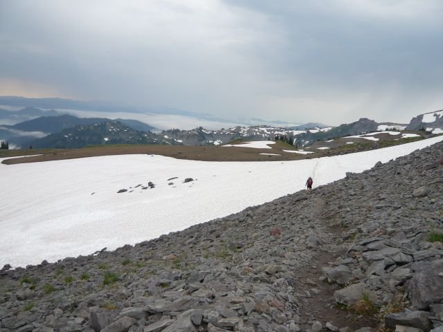 Crossing snowfields on the descent from Panhandle Gap