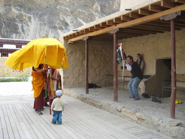 Monks facing tourist
