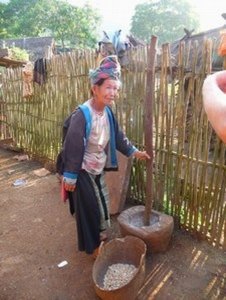 Either Chief's wife or mother ... she grinds by hand corn every day for 1/2 hour to feed the chickens and pigs