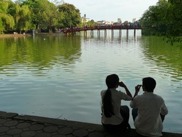 Hoan Kiem, with the bridge to the island in the background