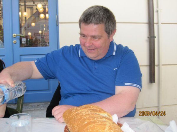 Dad enjoying his octopus and bread