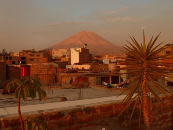 View of Volcan Misti at almost 6000 meters in the background from the hostel´s roof
