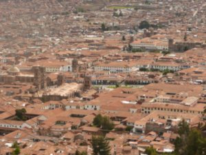 The "White Christ´s" view of the ancient city of Cusco and its main plaza below. 