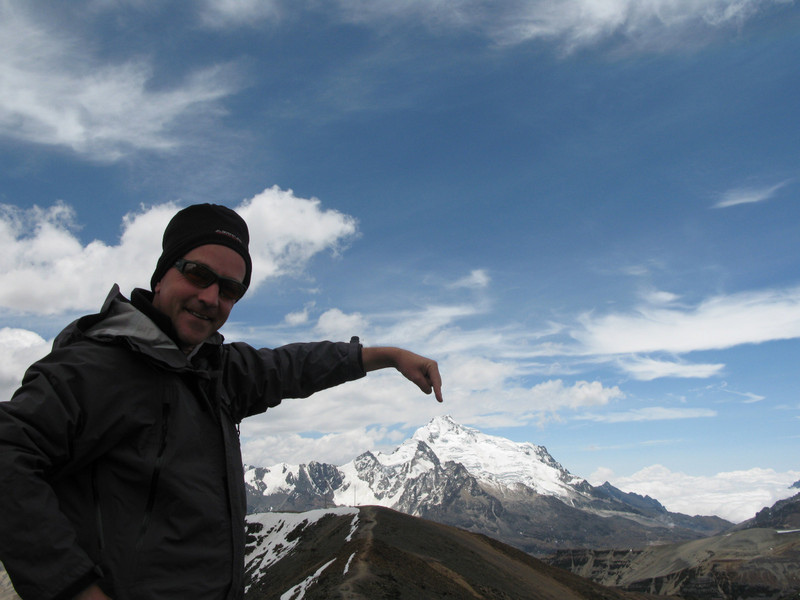 Markus pointing where we went the next 2 days: on top of Huayna Potosi, Bolivia