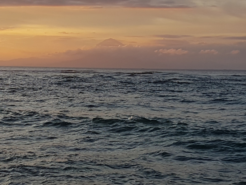 Senggigi Beach for sunset - with Mount Agung on Bali in the back