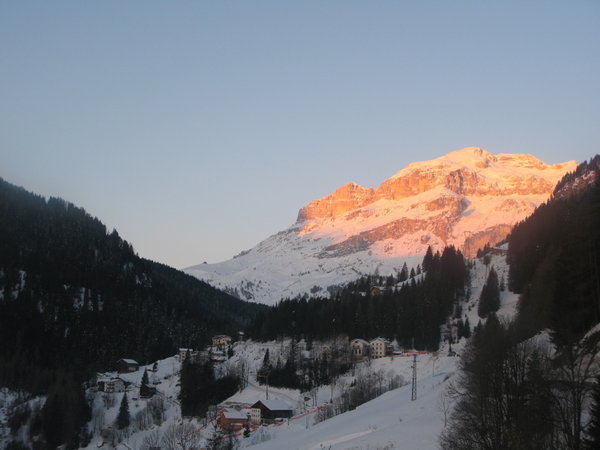 View from the hotel room: sunrise at Piz Boe