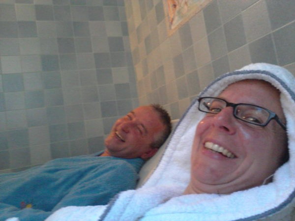 both of us relaxing in the sauna