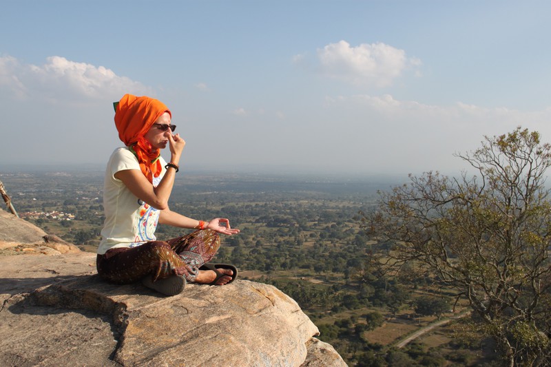 Nina doing some pranayamas on the hill in Melkote - a perfect place