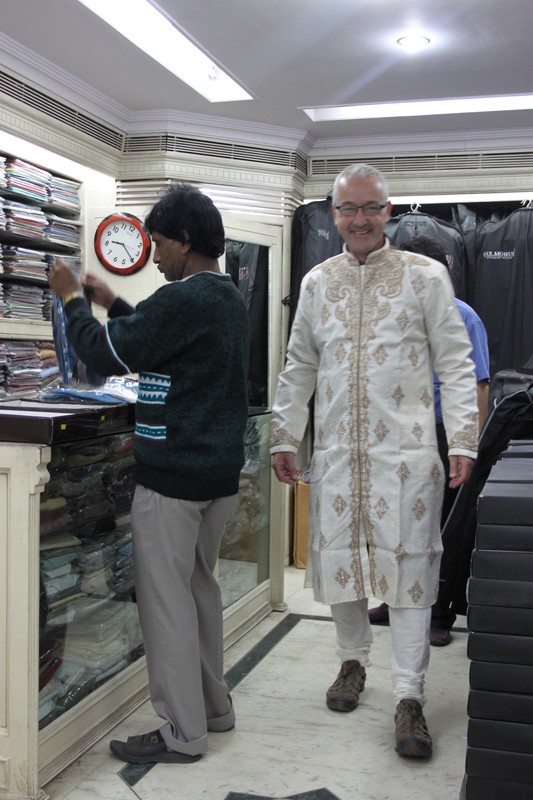 Markus trying some traditional clothes on Commercial Street