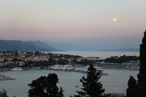 sunset and full moon over Split harbour
