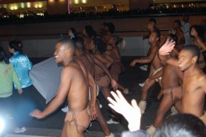 A lively group of bare bodies on the this chilly night