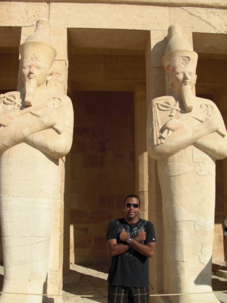 Me in front of Two Statues outside of Hatshepsut's Temple