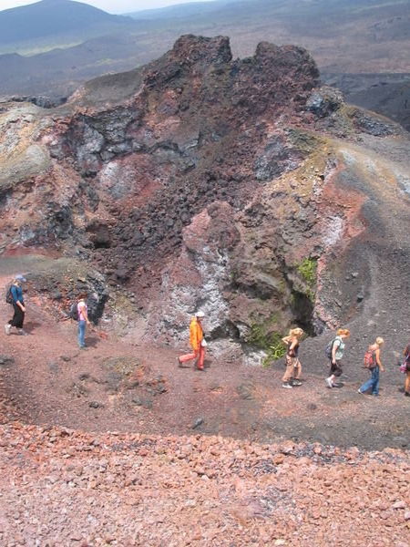 the group hiking around the volcano crater