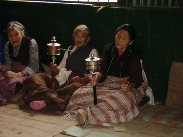 Elderly turning Prayer Wheels on Buddha's Birthday at Tibetan Refugee Centre in Darjeeling