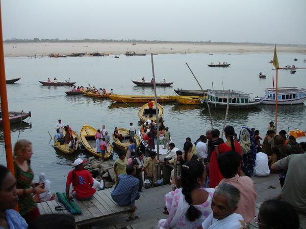 Getting into boats on the Ganges