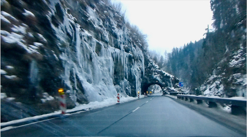 Frozen Waterfalls Line the Mountain Road