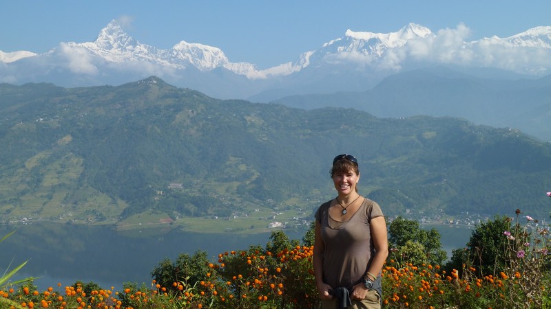 Me with mountains, lake and flowers