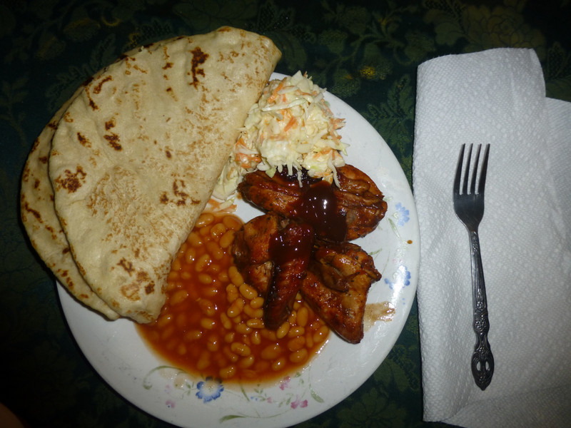 BBQ chicken, baked beans, coleslaw and tortillas