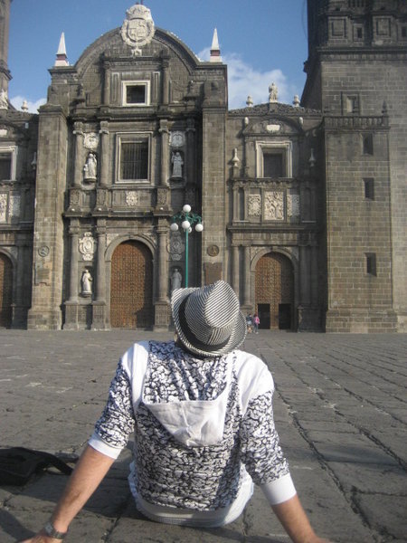 Luke at the cathedral in Puebla