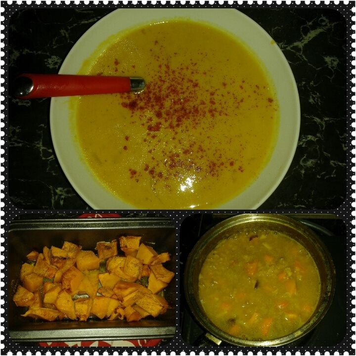 Homemade roasted pumpkin and curried lentil soup