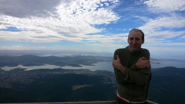 Blowing a hoolie at top of Mt Wellington