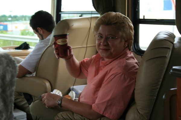 Lynn having her Tim Horton's coffee