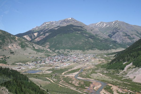 The quaint town of Silverton, Colorado from top of the mountain.