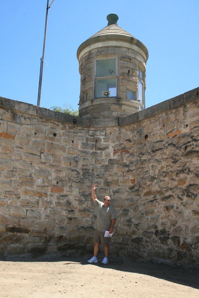 Tim underneath the guard's tower.