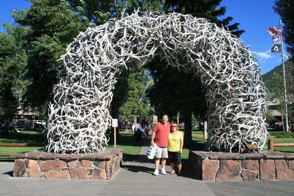 Underneath the elk arches in Jackson Hole, WY