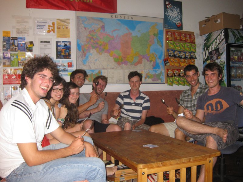 playing the 'spoon' card game at the hostel