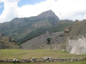 131. Main square, terraces and trail down from sun gate to Machu Picchu