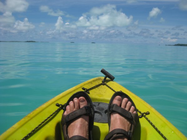 39. Kayaking in Aitutaki Lagoon, Tiger & Shark Islands in the distance