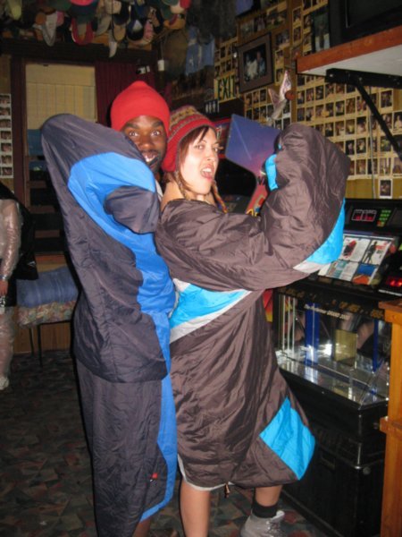 6. Dressed in sleeping bags at the fancy dress party, Lake Mahinapua