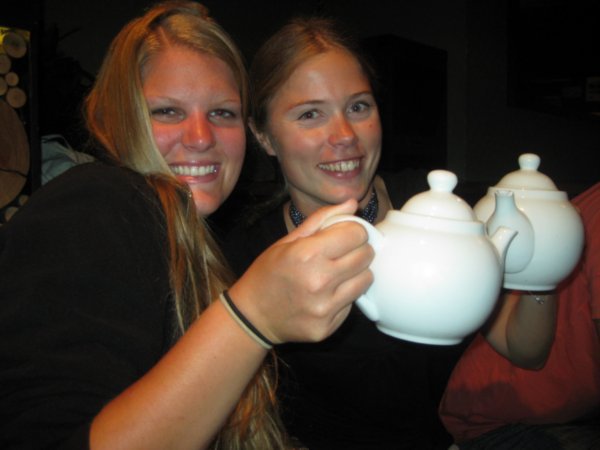 56. Cheers...Meghan & Jo raise their teapots, World bar in Queenstown