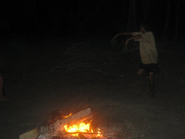 29. Aboriginal guy at K'Gari campsite dancing to scare off bad spirits, Fraser Island