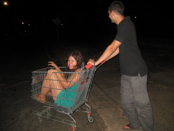 89. Grant pushing Marta back to the hostel in a shopping trolley, Alice Springs