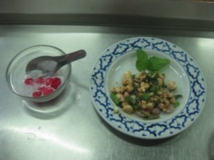 40. Spicy minced pork salad and water chestnuts in cocunut milk, Chiang Mai Cookery School