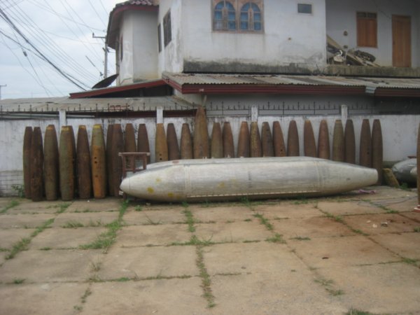 6. Bomb shells line the yard of the tourist information centre, Phonsavon