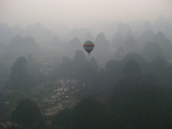 36. Panoramic shot of the limestone karst scenery around Yangshuo from the hot air balloon