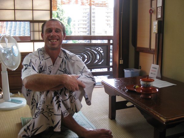 37. Enjoying tea and dango wearing a yukata after my onsen session, Matsuyama