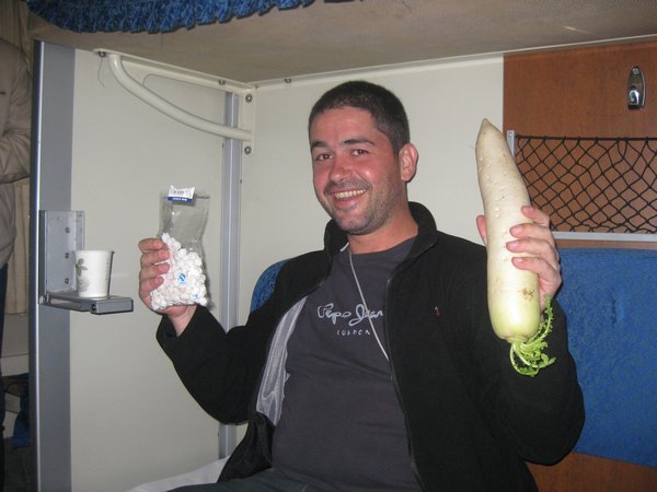 4. Bruno with his gifts of food afer giving up his lower bunk on the train to Tibet